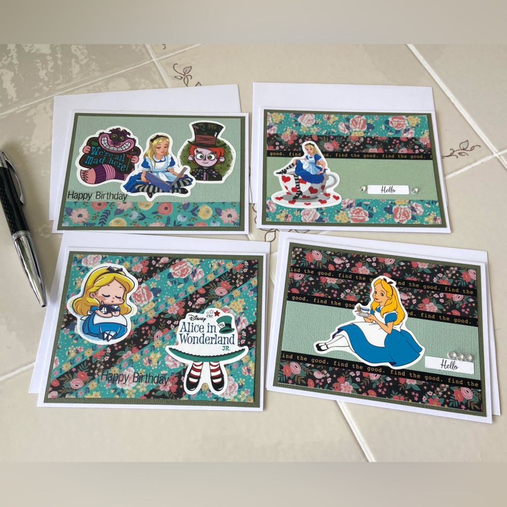 Set Of 4 Handmade Alice In Wonderland Note Cards - Picture 3 of 9